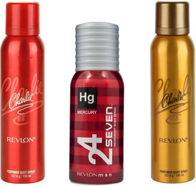 

Revlon 1 CHARLIE RED DEODORANT 150 ML+ 1 CHARLIE GOLD DEODORANT 150 ML+1 24 SEVEN MERCURY DEODORANT 130 ML Deodorant Spray - For Men & Women(150 ml, Pack of 3)