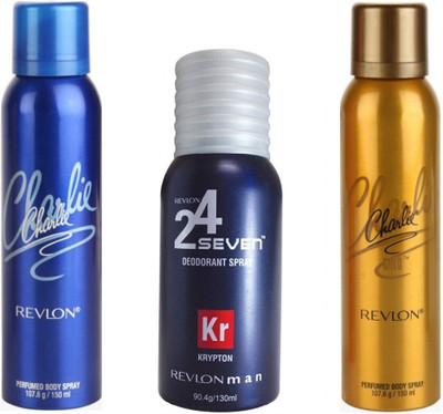 

Revlon 1 CHARLIE BLUE DEODORANT 150 ML+ 1 CHARLIE GOLD DEODORANT 150 ML+1 24 SEVEN KRYPTON DEODORANT 130 ML Deodorant Spray - For Men & Women(150 ml, Pack of 3)