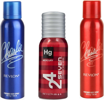 

Revlon 1 CHARLIE BLUE DEODORANT 150 ML+ 1 CHARLIE RED DEODORANT 150 ML+1 24 SEVEN MERCURY DEODORANT 130 ML Deodorant Spray - For Men & Women(150 ml, Pack of 3)