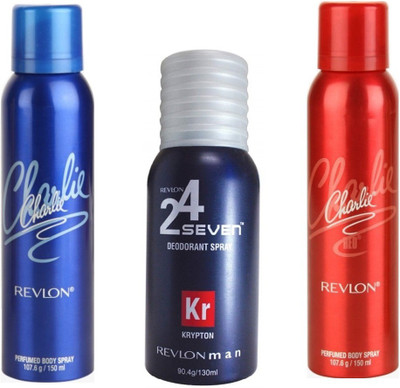 

Revlon 1 CHARLIE BLUE DEODORANT 150 ML+ 1 CHARLIE RED DEODORANT 150 ML+1 24 SEVEN KRYPTON DEODORANT 130 ML Deodorant Spray - For Men & Women(150 ml, Pack of 3)