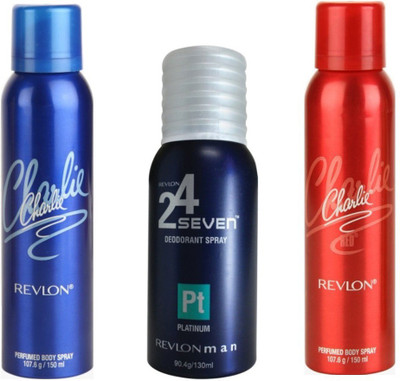 

Revlon 1 CHARLIE BLUE DEODORANT 150 ML+ 1 CHARLIE RED DEODORANT 150 ML+1 24 SEVEN PLATINUM DEODORANT 130 ML Deodorant Spray - For Men & Women(150 ml, Pack of 3)