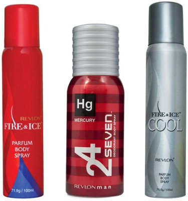 

Revlon 1 FIRE & ICE DEODORANT 100 ML + 1 FIRE & ICE COOL DEODORANT 100 ML+1 24 SEVEN MERCURY DEODORANT 130 ML Deodorant Spray - For Men & Women(130 ml, Pack of 3)