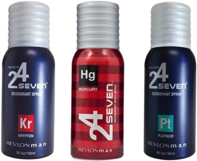 

Revlon 1 24 SEVEN KRYPTON DEODORANT 130 ML+1 24 SEVEN MERCURY DEODORANT 130 ML+1 24 SEVEN PLATINUM DEODORANT 130 ML Deodorant Spray - For Men(130 ml, Pack of 3)