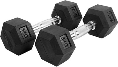 FITSY Rubber Coated Hex Dumbbell with Contoured Chrome Handle (5 KG x 2) Fixed Weight Dumbbell(10 kg)