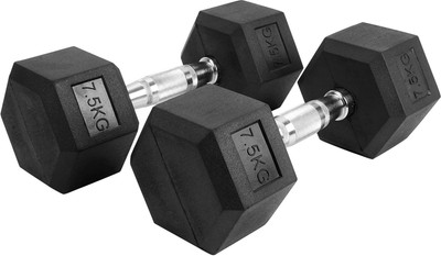 

FITSY Rubber Coated Hex Dumbbell with Contoured Chrome Handle (7.5 KG x 2) Fixed Weight Dumbbell(15 kg)
