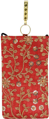

Bagaholics Ethnic Raw Silk Embroidery Mobile Pouch Waist Clip Ladies Purse Mobile Pouch(Red)