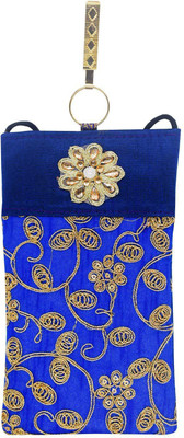 

Bagaholics Ethnic Raw Silk Embroidery Waist Clip Ladies Purse Mobile Pouch(Blue)