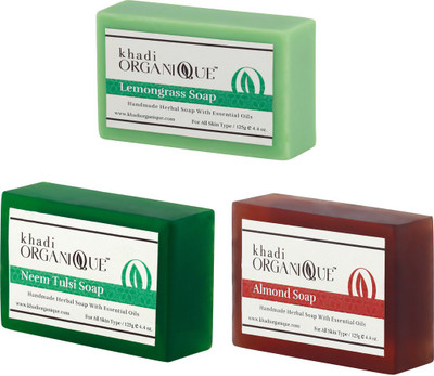 

Khadi Organique LEMONGRASS SOAP,ALMOND SOAP,NEEM TULSI SOAP COMBO PACK 375 GM (PACK OF 3)(375 g, Pack of 3)