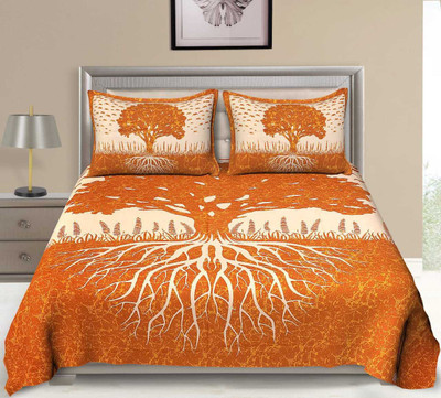 Rangun 120 TC Cotton Double Printed Fitted (Elastic) Bedsheet(Pack of 1, Orange)