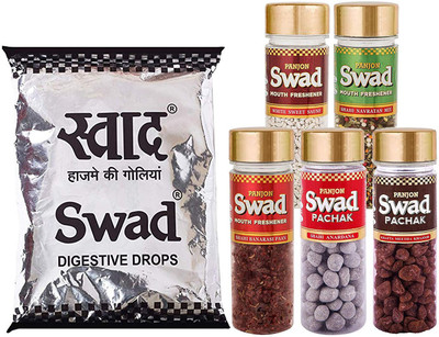 

Swad Saver Pack of 100 Original Candies & Set of 5 Pachak Bottles White Sweet Saunf, Shahi Anardana, Khatta Meetha Khajoor, Shahi Banarasi Paan, Shahi Navratan Mix, 800 gm(Pack of 6)
