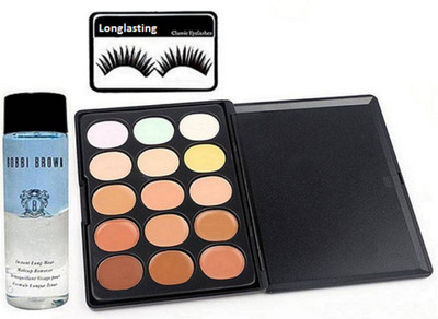 

longlasting eyelashes, mac 15 shade concealer palette, bobbi brown instant makeup remover(Set of 3)