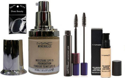 

divas beauty Silicon Puff & Mac Mineralize moisture Liquid Foundation & Pro Longwear Concealer, Haute & Naughty Black Double Effect Mascara(Set of 4)
