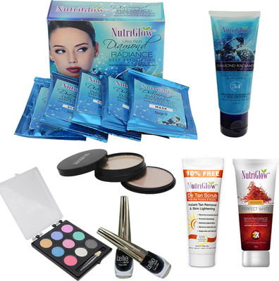

NutriGlow Set of 1 Diamond Radiance facial kit + 1 Diamond Radiance face wash + 2 Eye liner + 1 Eye shadow + 1 Compact + 1 Advanced Perfact white+ 1 De- Tan Scrub(Set of 1)