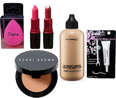 

tiara Spounge Puff & Bobbi Brown Concealer , Mac Lady Gaga Lipstick Pack Of 2 , Face & Body Foundation , Eyelashes glue(Set of 6)