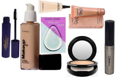 

FANCIFY COMBO Silicon Puff & Makeup Pro Longwear Foundation & Mac Compact & LAkme 9 to 5 Mousse & Mac Eyeliner & Mascara & Select Cover-Up(Set of 7)