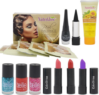 

NutriGlow Set of 1 Pearl Radiance facial kit + 1 Color Divine Eye Liner + 1 Kajal + 1turmeric Face Wash + 3 Belle Paris Nail Paints + 3 Color Divine Lipstick(Set of 1)