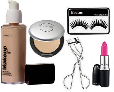 

BRUTUS Eyelashes, Makeup Pro Longwear Foundation, Studio Prefect Compact, Lipstick, Eyelashes Curler(Set of 5)