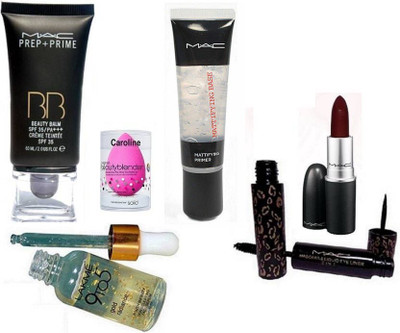 

caroline Sponge Puff & Liquid 2 In Eyeliner, Mascara, B B Beauty Balm Foundation, Lipstick, Mattifying base Primer, Lakme 9 To 5 Gold Radiance Serum(Set of 6)
