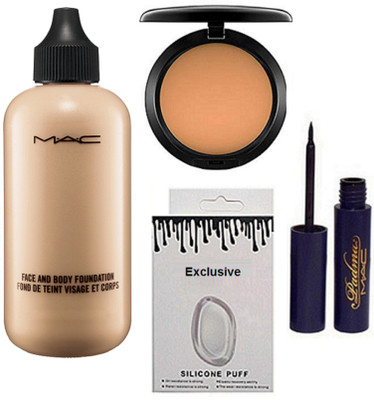 

Exclusive Silicon Puff & Face And Body Foundation & Mac Compact & Padma Eyeliner(Set of 4)