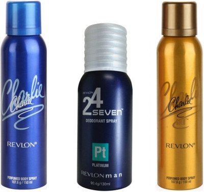 

Revlon 1 CHARLIE BLUE DEODORANT 150 ML+ 1 CHARLIE GOLD DEODORANT 150 ML+1 24 SEVEN PLATINUM DEODORANT 130 ML Deodorant Spray - For Men & Women(150 ml, Pack of 3)