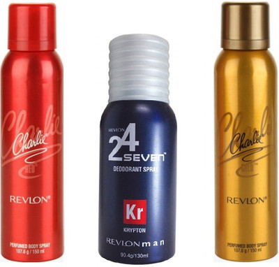 

Revlon 1 CHARLIE RED DEODORANT 150 ML+ 1 CHARLIE GOLD DEODORANT 150 ML+1 24 SEVEN KRYPTON DEODORANT 130 ML Deodorant Spray - For Men & Women(150 ml, Pack of 3)