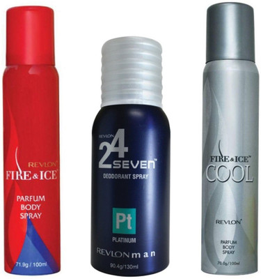 

Revlon 1 FIRE & ICE DEODORANT 100 ML + 1 FIRE & ICE COOL DEODORANT 100 ML+1 24 SEVEN PLATINUM DEODORANT 130 ML Deodorant Spray - For Men & Women(130 ml, Pack of 3)