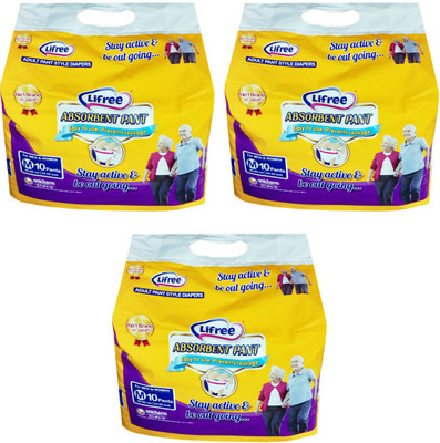 

Lifree ADULT PANT STYLE DIAPERS, SIZE MEDIUM, 10 PCs. PACK, SET OF 3 PACKS, FOR WAIST SIZE 24-33 INCHES - M(30 Pieces)