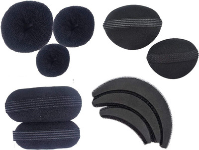 

Param Out Of Box 11-in-1 Hair Accessories Combo Puff Bumpits 7 Pieces With 3 Piece Different Size Donut Buns, 2 Bun Maker Hair Accessory Set (Black) Hair Accessory Set(Black)