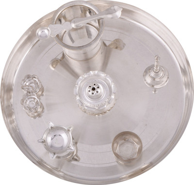 

Shreeng silver plated Daily 9" pooja thali 8pcs. Stainless Steel(Silver)