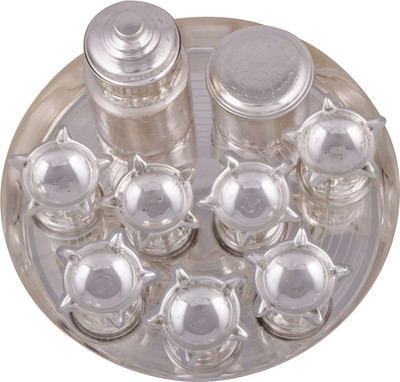 

Shreeng silver plated Royal Diwali Diya Thali With 8" Plate 10pcs. Stainless Steel(10 Pieces, Silver)