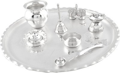 

Ellegent 11 inchi Pooja Thali Set 8 Pcs Diwali Special ( 28cmx28cmx7cm) Silver Plated(9 Pieces, Silver)