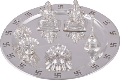 

Shreeng silver plated ganesh laxmi swastik pooja thali 6pcs. Stainless Steel(6 Pieces, Silver)