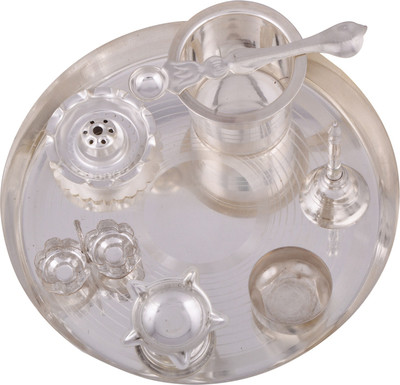 

Shreeng silver plated Daily 8" pooja thali 8pcs. Stainless Steel(Silver)