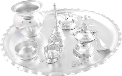 

Ellegent 10 inchi Pooja Set 8 with Pooja Thali with Deepak ( 25cmx25cmx7cm) Silver Plated(9 Pieces, Silver)