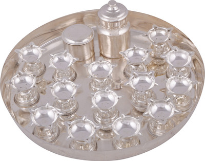 

Shreeng silver plated Royal Diwali Diya Thali With 12" Plate 18pcs. Stainless Steel(18 Pieces, Silver)