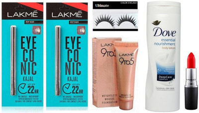 

Ultimate eyelashes And Weightless mousse Foundation natural with eyeconic kajal ( pack of 2) &Dove Essential nourishment body lotion & Mac Matte Finish Purple Lipstick(Set of 6)
