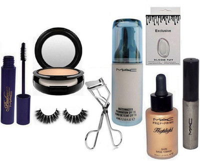 

Exclusive Silicon Puff & Matchmaster Foundation Compact & Eyeliner & Mascara & Curler & Eyelshes & Highlighter(Set of 8)
