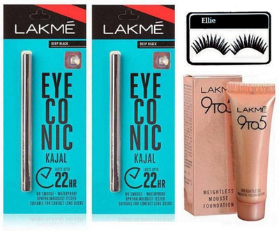 

ellie eyelashes And Weightless mousse Foundation natural with eyeconic kajal(Set of 4)