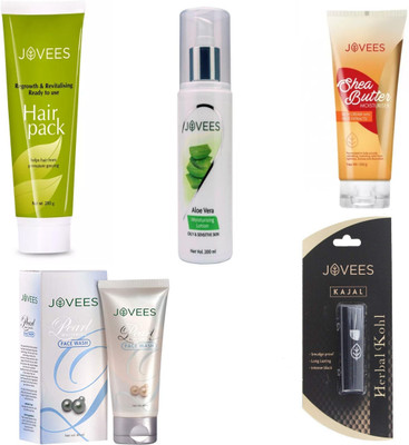 

Jovees Hair Pack & Moisturising Lotion & Shew Butter Moisturiser & Pearl Whitening Face Wash & Kajal.(Set of 5)