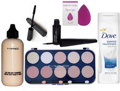

Studio fix Combo Sponge puff,Mac face & Body Foundation,Zoom Lash Waterproof mascara,Liquid Last Eyeliner,10 Shades Concealer Palette,Dove Essential Nourishment Body lotion(set of 6)(Set of 6)