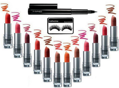 

catherine eyelashes with lakme enrich lipstick pack of 12 with mac pen eyeliner(Set of 14)
