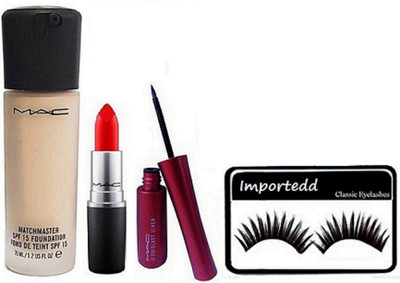 

importedd Eyelashas, Mac Matchmaster Foundation, Brook Candy Lipstick, Liquide Lash Eyeliner(Set of 4)