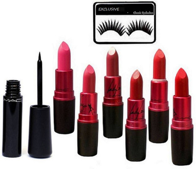 

Exclusive Eyelashes &Mac Matte Finsish Lady Gaga Lipstick Multicolour& Mac Liquid Eyeliner liquidlast liner Eve-Liner(Set of 8)