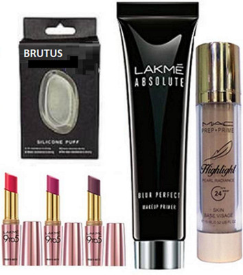

BRUTUS Silicon Puff,Lakme Absolute Blur Perfect Makeup Primer&Mac Perp+Prime Highlight Foundation&Lakme Matte Finsh Lipstick Pack Of 3 (Set of 6)(Set of 6)