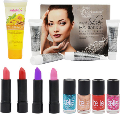 

NutriGlow Set of 1 Silver Radiance Facial Kit + 1 Wild Turmeric Face Wash + 4 Lipsticks + 4 Nail paints(Set of 10)