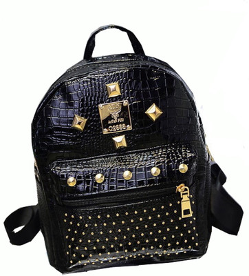 

Rough Nature High Fashion Back Pack in Croc Faux Leather and Golden Studs 6 Backpack(Black, Gold)
