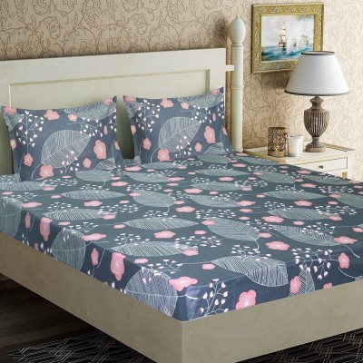 Home Candy 152 TC Microfiber Double Floral Flat Bedsheet(Pack of 1, Grey)