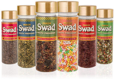 

Swad Mouth Fresheners Set of 6 Bottles Special Calcutta Paan, Shahi Navaratan Mix, Shahi Banarasi Paan, Roasted Saunf, Roasted Alsi Flax Seeds, Coloured Saunf, (Pack of 6), 615 gm Mouth Freshener(Pack of 6)