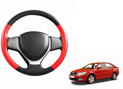CARIZO Hand Stiched Steering Cover For Skoda Laura(Black, Red, Leatherite)
