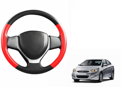 CARIZO Hand Stiched Steering Cover For Hyundai Verna Fluidic(Black, Red, Leatherite)